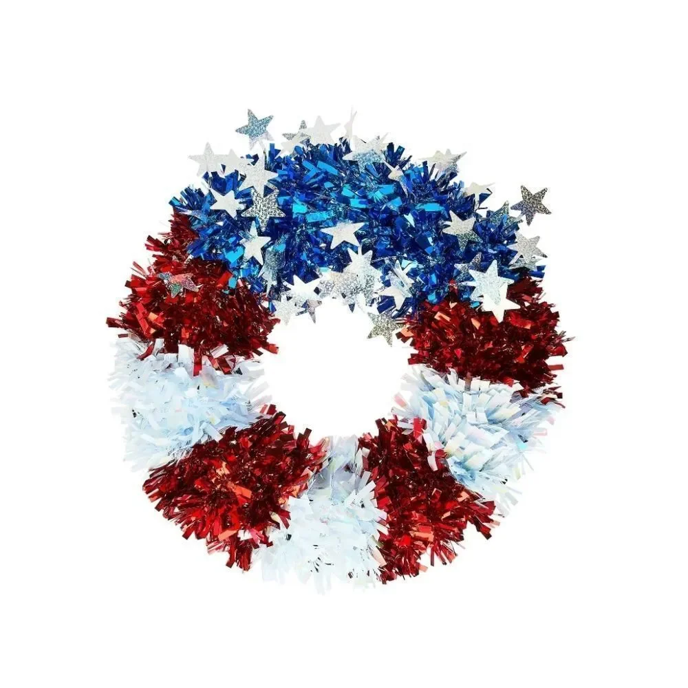 4th of July, Patriotic Stars and Stripes Tinsel Wreath, Red/White/Blue, 16